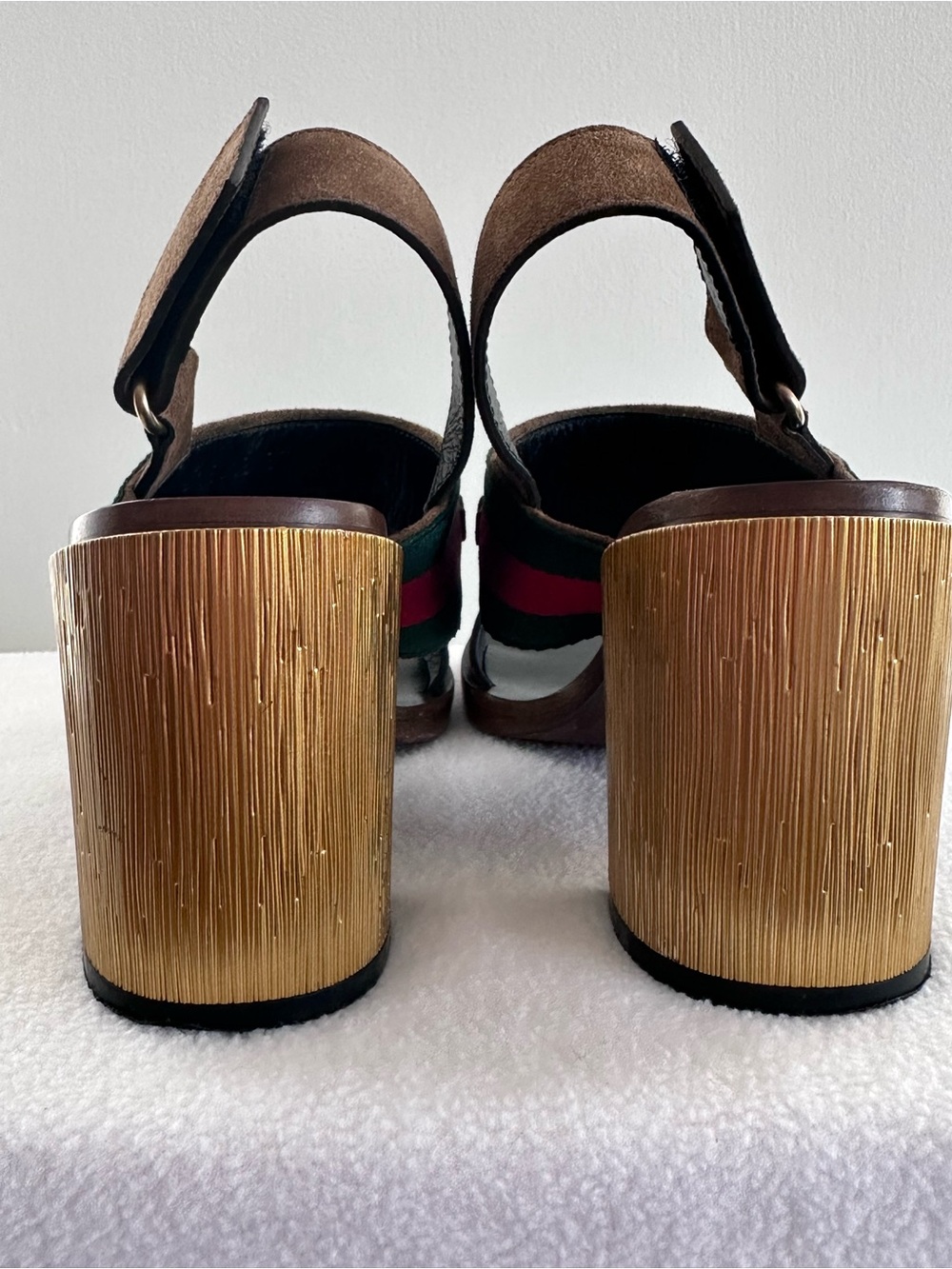 Gucci Brown Suede Block Heel Sandals with Green & Red Web Strap - Picture 5 of 5